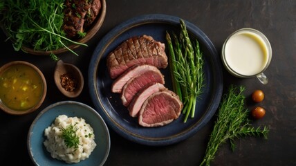 A vibrant flat-lay of L-Carnitine-rich foods: beefsteak, ground beef, pork slices, cod fillet, and whole milk, styled with fresh herbs and natural lighting for a wholesome, appetizing look