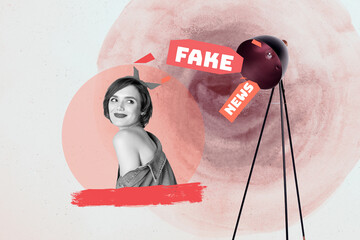 Pop art collage of person stand near lamp with fake news on pink background