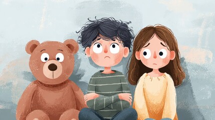 Illustration of Two Children Sitting with Teddy Bear Looking Concerned