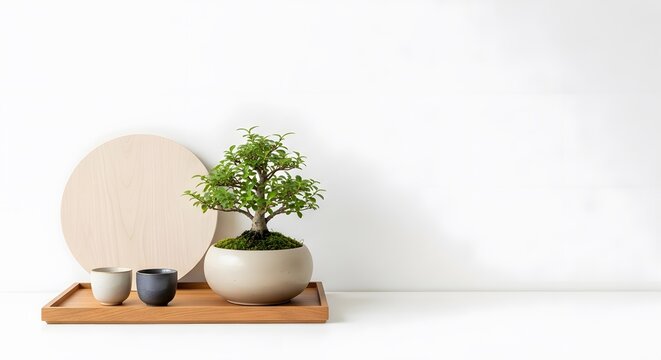 Serene Bonsai Tree on Wooden Tray with Minimalist Decor, Perfect for Zen Garden or Home Office Aesthetic