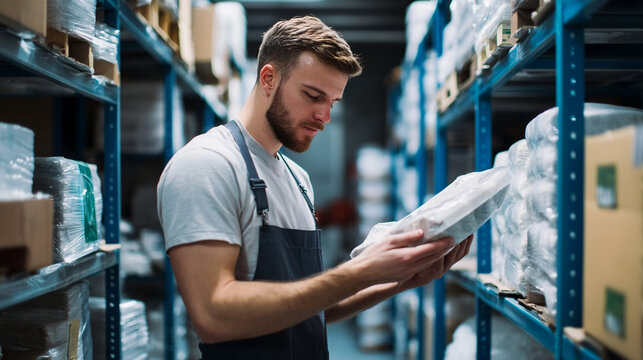 Warehouse employee checks an item in the aisle full of stock. Fulfillment worker preparing orders. Supply chain operations.