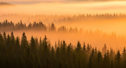 Fototapeta premium Majestic Sunrise over Misty Pine Forest Landscape with Golden Light Illuminating Evergreen Trees