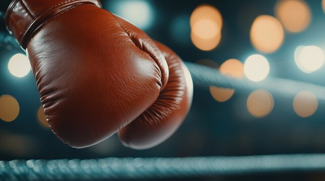 A close-up image of a red boxing glove resting on the rope of a boxing ring, highlighting the intensity and spirit of the sport in a captivating setting filled with atmosphere.