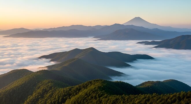 Majestic Sunrise Over Rolling Hills and Distant Mountain Peak in 