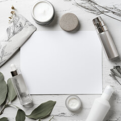 Natural skincare routine at home, Modern Line Art + Watercolor, skincare products and blank paper on rustic wooden surface