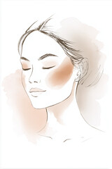 Natural skincare routine at home, Modern Line Art + Watercolor, serene woman with soft blush and closed eyes, graceful expression