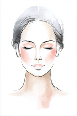 Natural skincare routine at home, Modern Line Art + Watercolor, beautiful woman with closed eyes and soft blush, peaceful expression