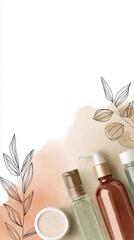 Natural skincare routine at home, Modern Line Art + Watercolor with skincare products on watercolor background