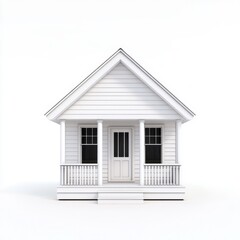 Minimalist house design with white walls and wooden elements, symmetrical layout and bright colors, isolated on white with natural lighting.