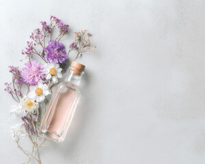 Natural skincare routine at home, Modern Line Art + Watercolor with floral arrangement and glass bottle  