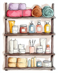 Natural skincare routine at home, Modern Line Art + Watercolor with a beautifully arranged shelf of towels and skincare products