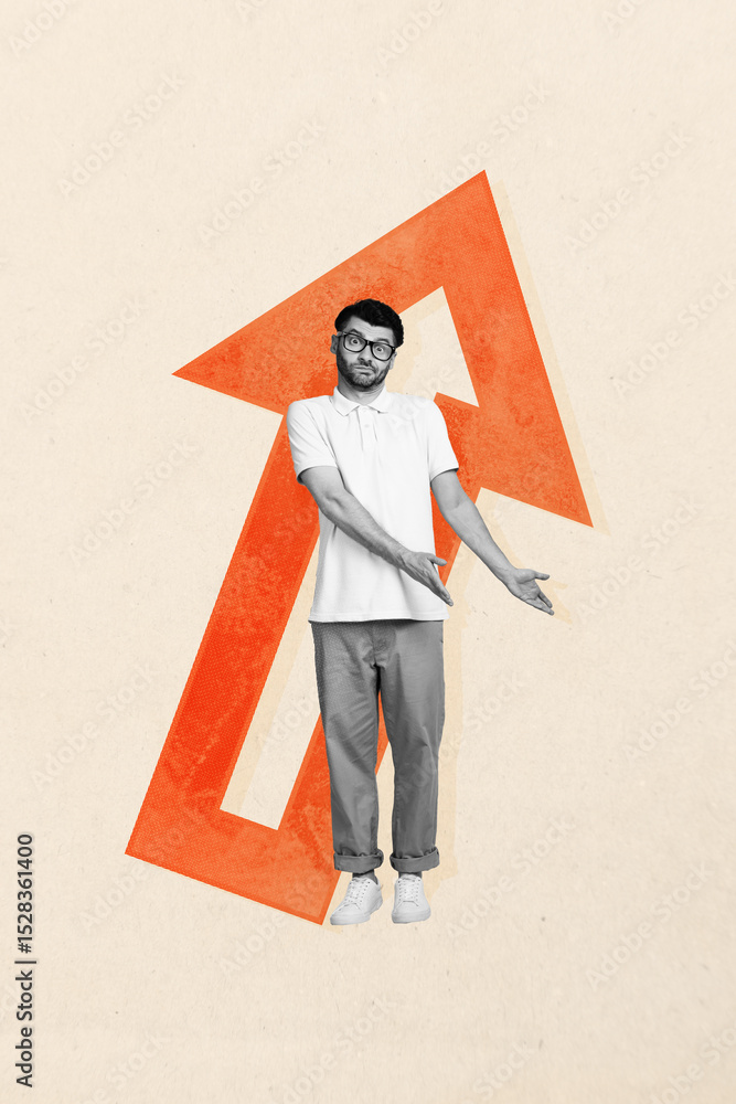 Poster vertical image sketch photo collage of confused businessman show arrow development pointer statistic