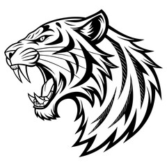 Roaring Tiger Head Vector Illustration Black and White Tribal Style. Black and white vector illustration of a tiger head in profile.