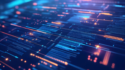 Big data technology and data science illustration. Data flow concept. Querying, analysing, visualizing complex information. Neural network for artificial intelligence. Data mining. Business analytics.
