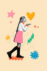 Trend artwork composite banner 3D photo collage of heart love young girl stand air kiss hand hold gesture back school lesson pupil fall