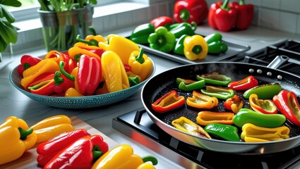 A vibrant kitchen scene features raw, roasted, and saut&eacute;ed bell peppers in red, yellow, and green. Bright lighting and rich textures highlight their freshness, flavor, and versatile use in cooking