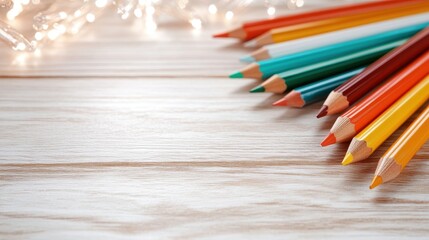 Fototapeta premium An eye-catching arrangement of colorful pencils arranged on a light wooden surface, ideal for art enthusiasts and creative expression, evoking inspiration and creativity.