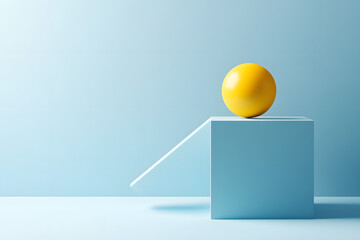 Yellow sphere or ball balanced at the edge of a cube geometric shape on blue background. Abstract 3D illustration.
