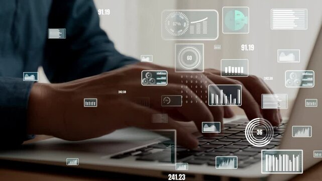 Businessman uses capable laptop computer to analyse business data analytic for marketing strategy and customer relationship management
