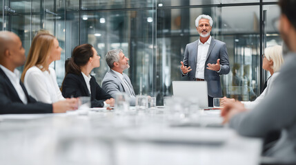 Fototapeta premium Mature executive giving a professional presentation to colleagues in a modern glass-walled office. Business meeting focused on strategy, leadership, and teamwork in a corporate environment.