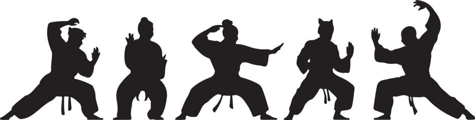 Five Martial Arts Silhouettes in Dynamic Poses