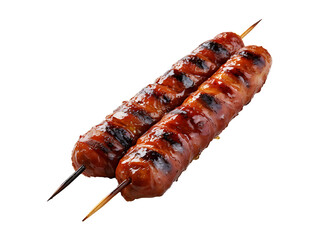 Grilled sausages on skewers isolated on transparent background