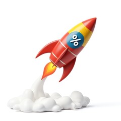 3D Colorful Rocket with Percentage Symbol, Glossy Launch Icon for Sales, Discounts, and Marketing Growth