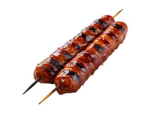 Grilled sausages on skewers isolated on transparent background
