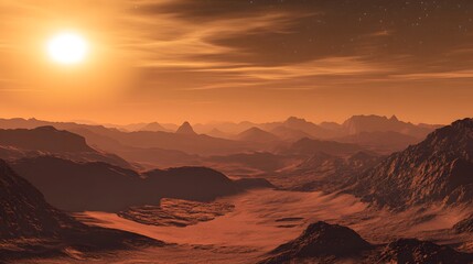 Naklejka premium Ultra-realistic Martian landscape under a vast cosmic sky