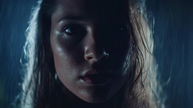 Cinematic close up revealing vulnerable female silhouette standing motionless, drenched by heavy night rain, facing dramatic blue tinted moment with intense emotional expression