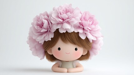 Fototapeta premium Cute cartoon doll with fluffy peony flower hair, short round hairstyle, joyful and soft expression, white background