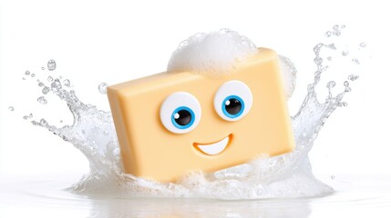 Cartoon soap bar with happy eyes, gently washing a face with lather, splashing water, white background