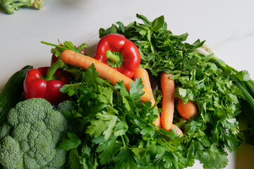 Fresh organic bio vegetables from farmers market, vegetables on kitchen top in home kitchen
