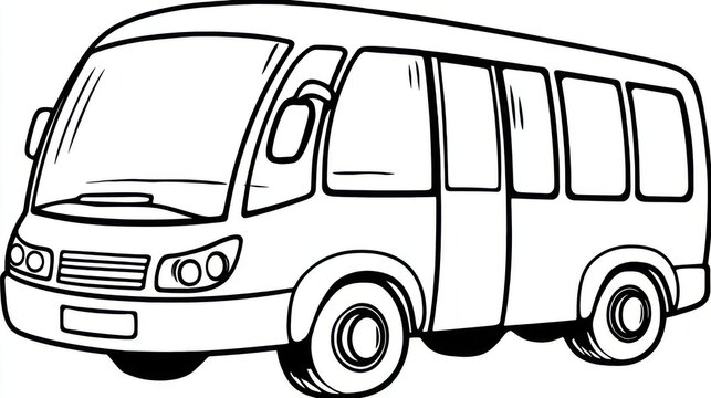 Simple cartoon school bus in line art, designed for kids coloring book, bold outline, big windows, easy to color layout, white background