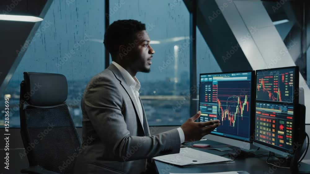 Poster a man in a suit is sitting at a desk with two computer monitors in front of him