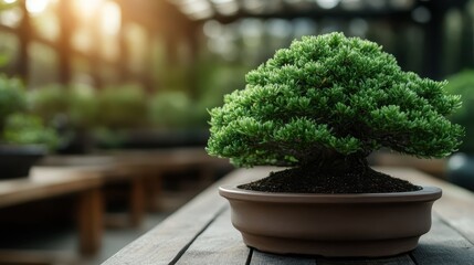 A meticulously shaped bonsai tree sits elegantly in a pot, showcasing the beauty of nature and the art of bonsai cultivation under soft, ambient light.