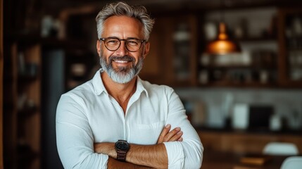 Fototapeta premium A charismatic middle-aged man with a stylish beard and glasses smiles confidently in a cozy kitchen setting, showcasing warmth and approachability in his demeanor.