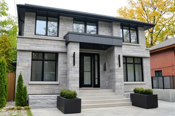 Modern stone house with sleek design and large windows, surrounded by greenery in a peaceful neighborhood during daylight hours