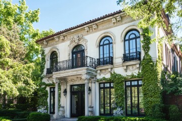 Fototapeta premium Elegant historic mansion surrounded by lush greenery on a sunny day, showcasing intricate architectural details and vibrant landscaping