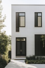 The contemporary minimalistic architecture of the house showcases striking window designs and a pristine facade that beautifully captures the essence of bright daylight