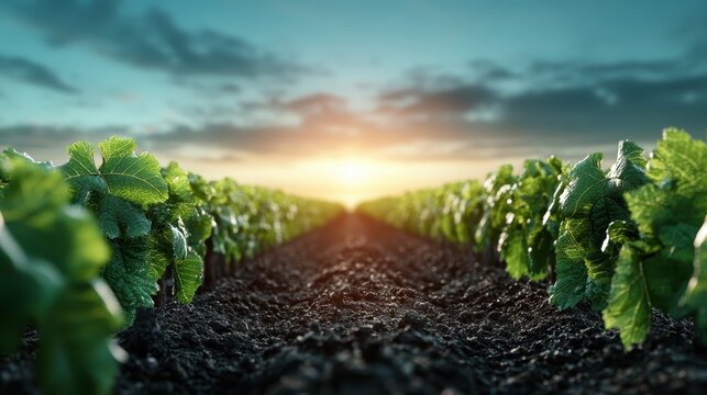 An expansive view of well-cultivated vineyard rows basking in the golden light of the sunset portrays the serene beauty of nature and the fruits of diligent labor in wine production.