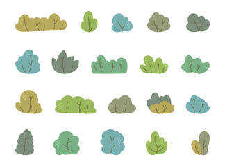 Botanical bush in scandinavian style set with foliage elements for yours garden in natural landscape and forest environment and for creative designs projects, illustration