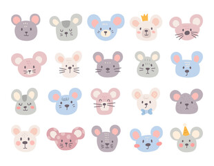 Charming cartoon mouse face set created for and scandinavian style with cute animal friendly character head for yours illustration and creative designs projects