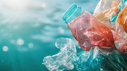 Fototapeta premium Close-up of discarded plastic bottles floating in water depicts the pressing issue of pollution, urging viewers to reflect on environmental challenges and their impact on marine life.