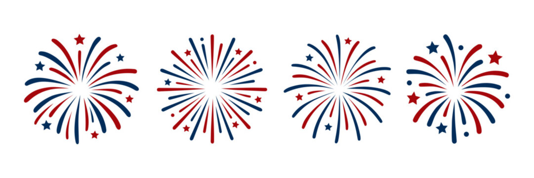 Set of patriotic fireworks in red and blue with stars. Fourth of July celebration symbol, Independence Day design element. Vector graphics.