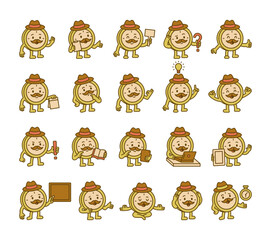 Clock guide character with mustache and hat in educational poses holding signs, stopwatch, paper, book, laptop, pointer and expressing emotion for yours illustration and designs projects