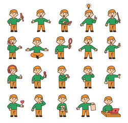 Boy guide character set showing various educational communication poses with book document laptop talking thinking idea heart symbol and stop gesture for yours designs projects
