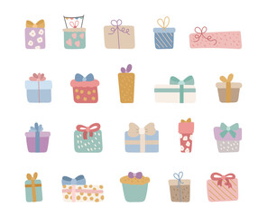Gift in scandinavian style box set created for birthday celebration scenes with decorative ribbons, wrapping paper for yours festive party illustration and creative designs projects