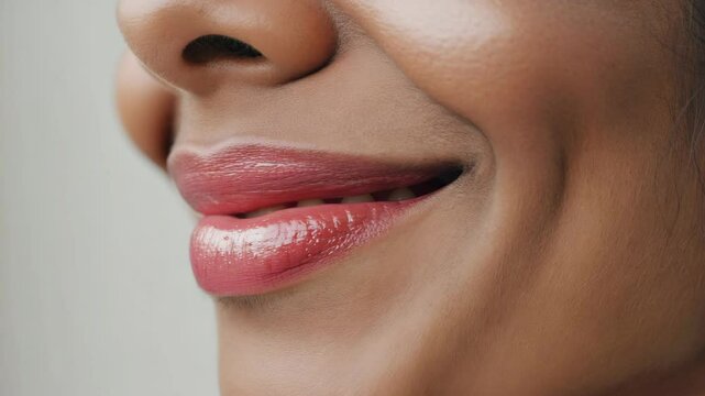 A woman with a red lip and a white smile