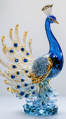 Obraz premium Blue and Gold Peacock Crystal Sculpture with Glittering Feathers